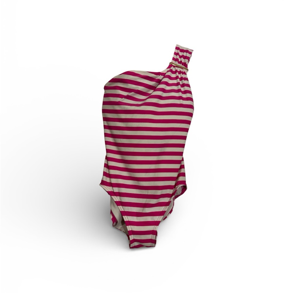 MICHAEL Michael Kors Pink and White Striped One-Shoulder Swimsuit built in bra